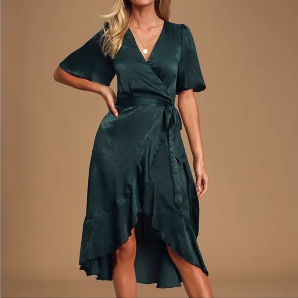 Lulus Wrapped Up In Love Dark Green Satin Faux Wrap Midi Dress M